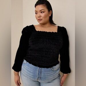 Torrid Black Velvet Smocked Blouson Sleeve Square Neck Crop Top Ruffle Hem 18/20